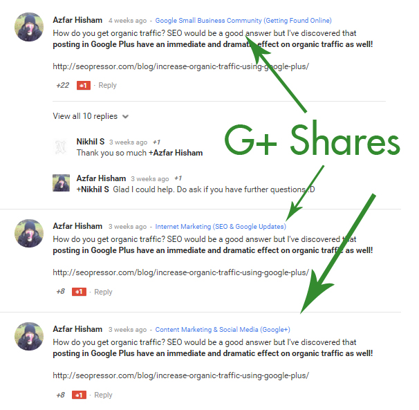 Initially I use the comments section to track which G+ community have a post been shared.