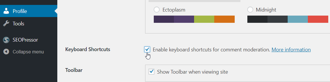 Picture of WordPress Dashboard Keyboard Shortcuts