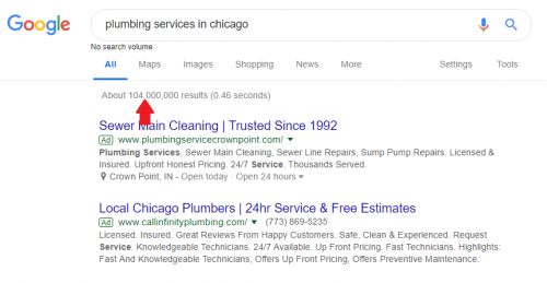 Plumbing services in Chicago search query on Google