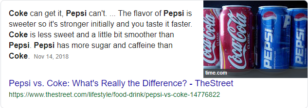 -coke vs pepsi featured snippet