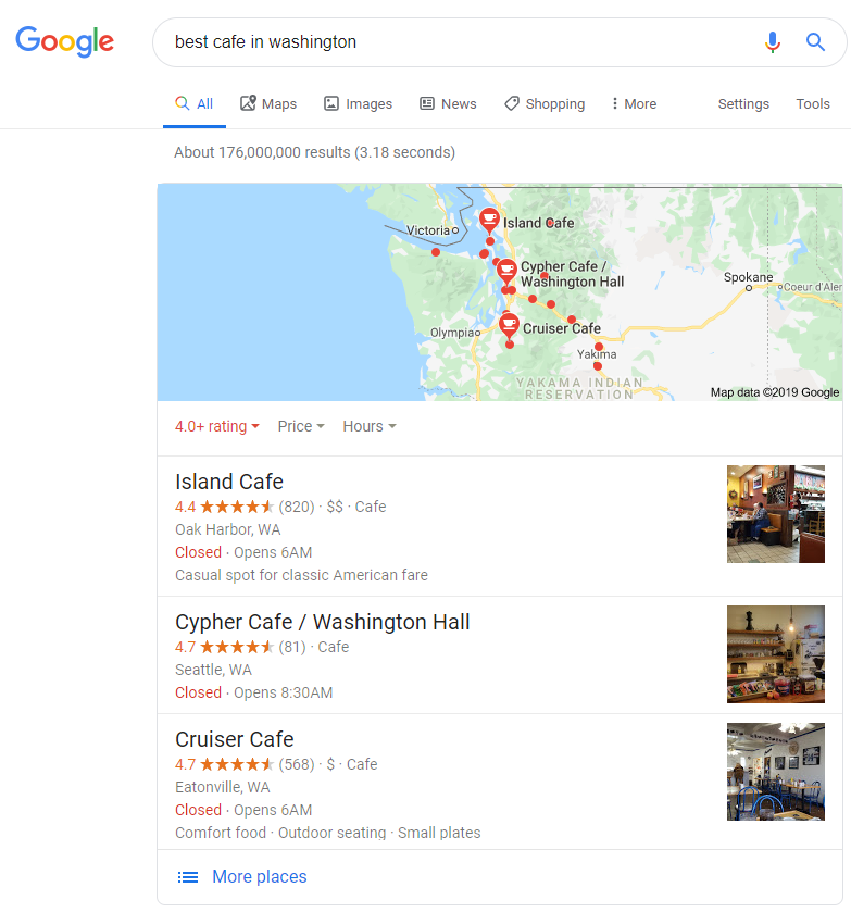 Screenshot of local pack result for best cafe in washington