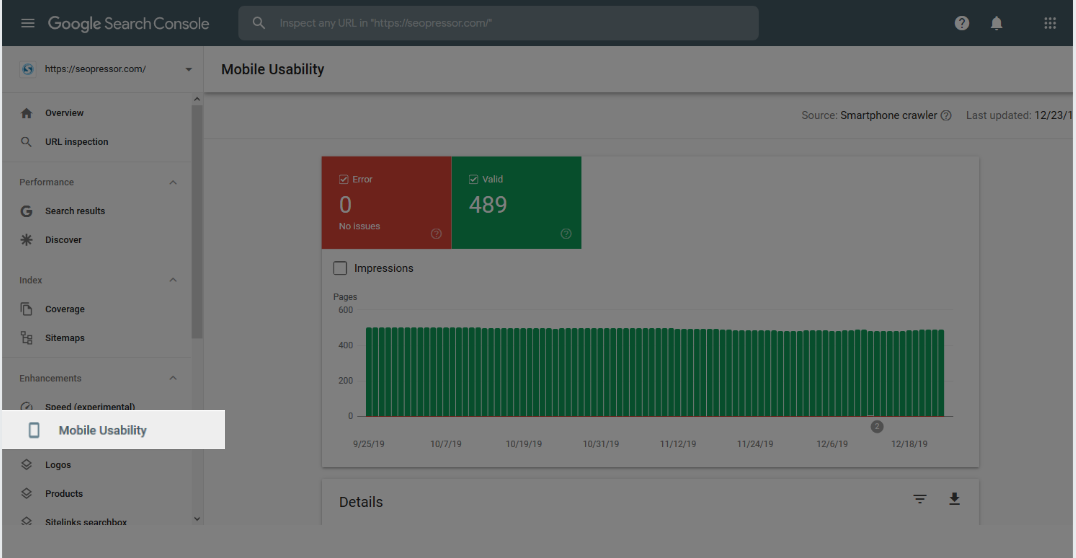 Screeenshot of Google Search Console UI with the moile usability tab highlighted