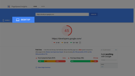 PageSpeed Insight toggled to desktop data