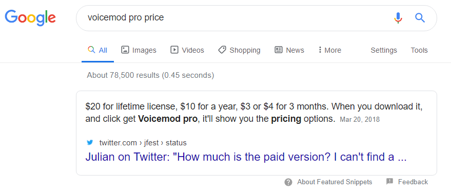 Tweets in Featured Snippet