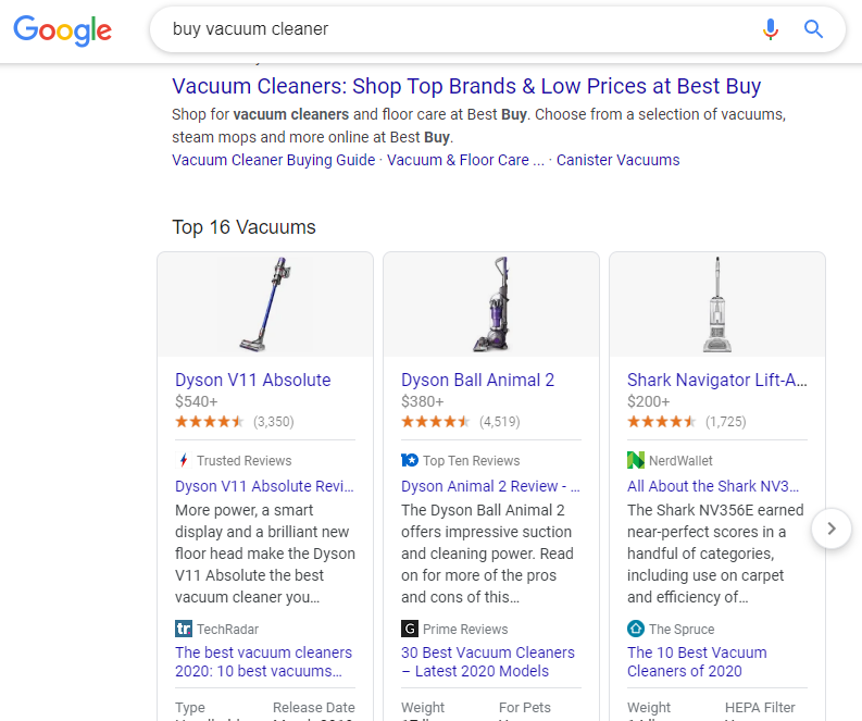 Google Search- Transactional Search: "Buy vacuum cleaner"