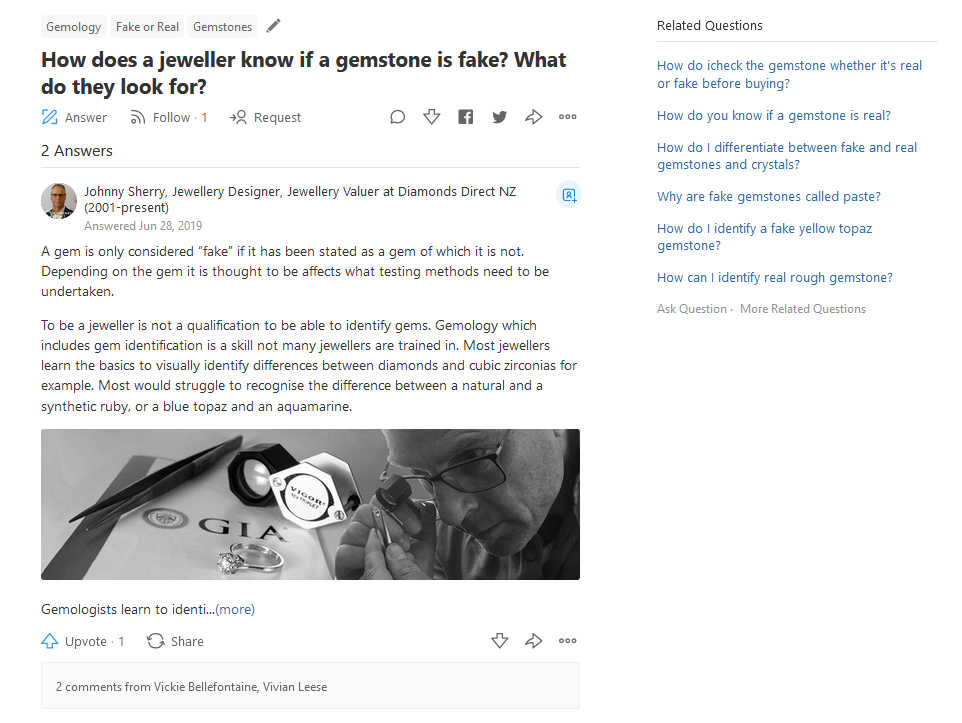 Quora example showing a question about How does a jeweller know if a gemstone is fake. 