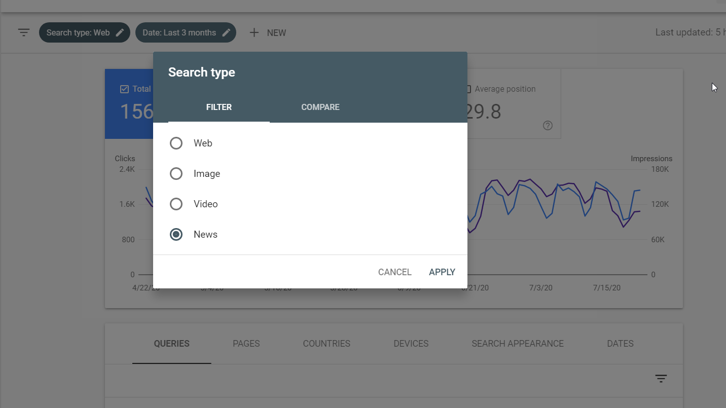 Google Search Console News filter