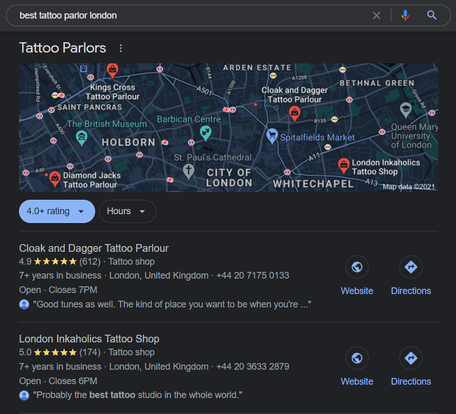 "best tattoo parlor london" local search results on Google 