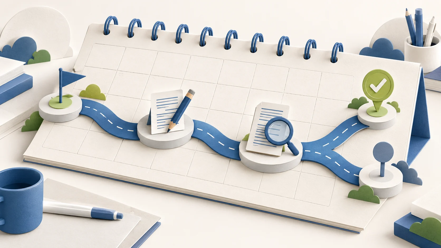 A blue route crosses a desk calendar through planning, writing, checking, and a final decision.
