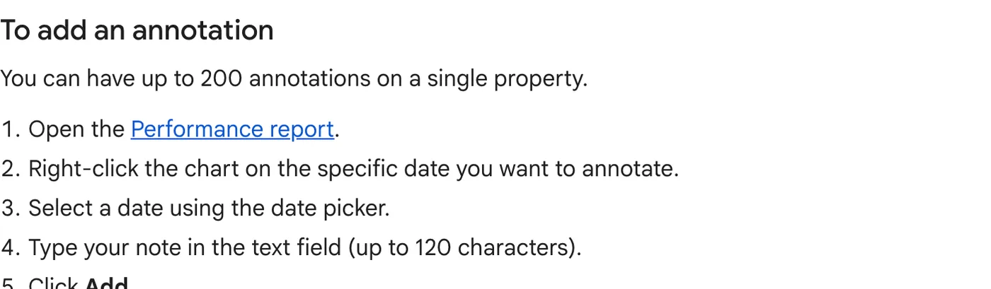Search Console Help instructions for adding an annotation, noting a limit of 200 annotations per property and 120 characters per note.