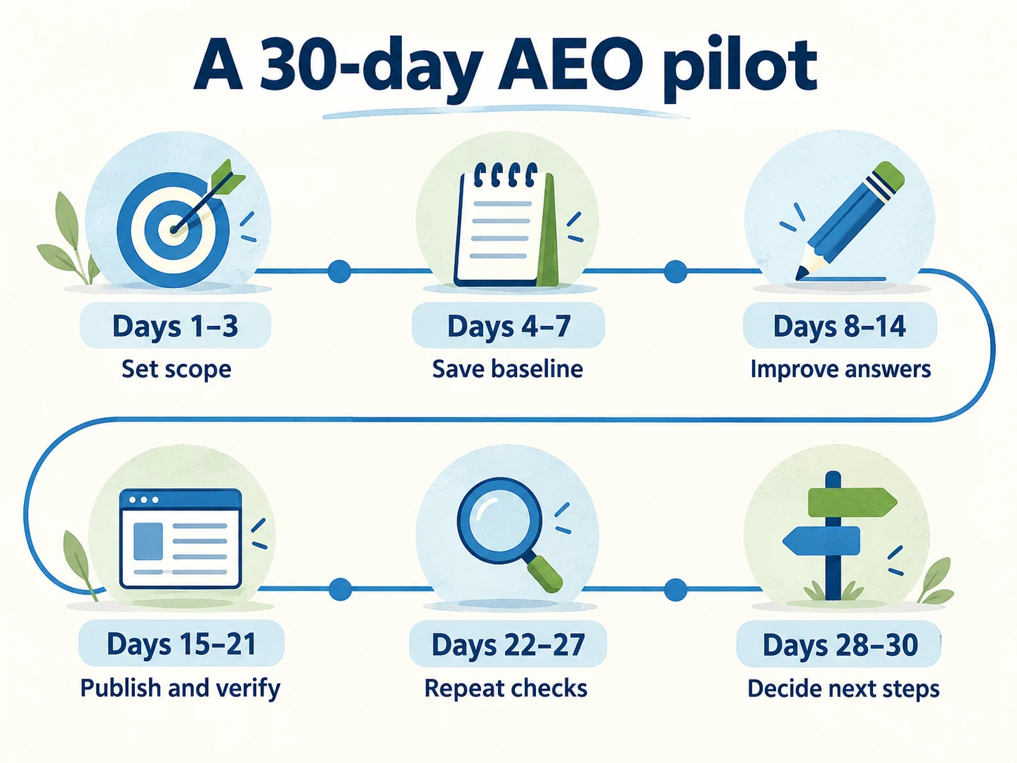 Thirty-day AEO pilot timeline: set scope, save a baseline, improve answers, publish and verify, repeat checks, and decide next steps.