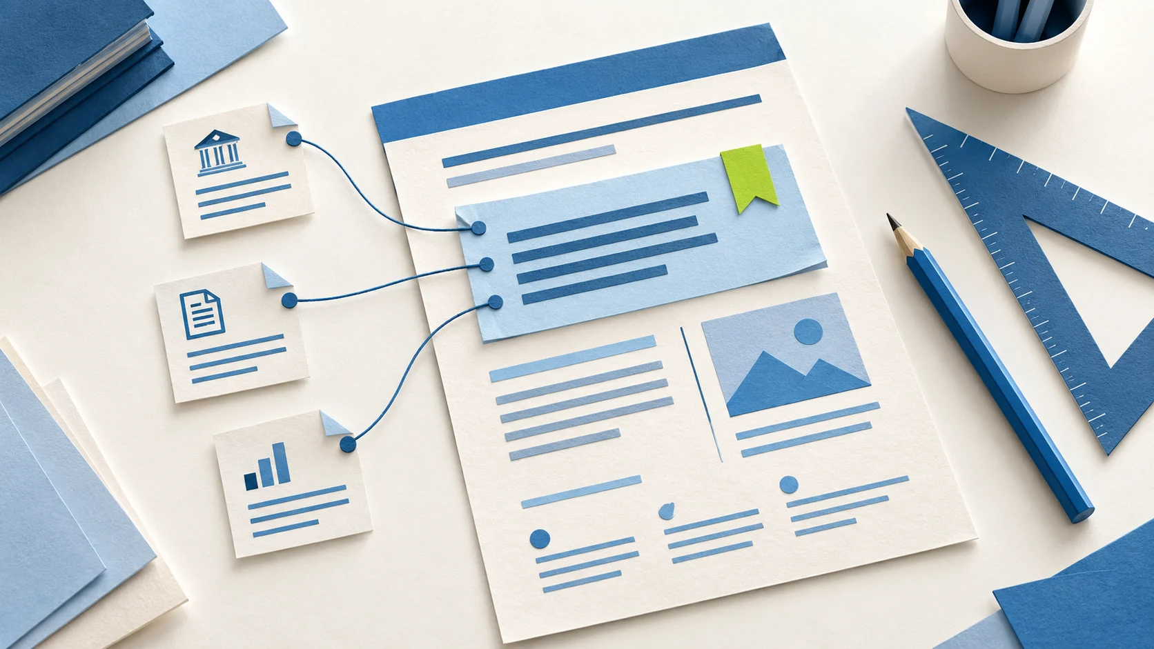 A content brief is assembled on a drafting desk with evidence sources linked to its central answer.