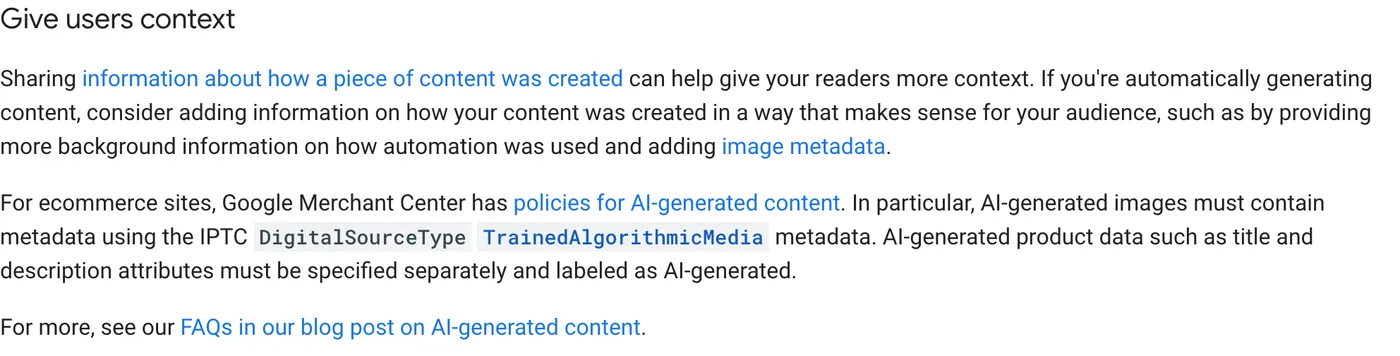 Google guidance on generative AI content recommending that publishers give readers context about how content was created, including ecommerce labeling requirements.