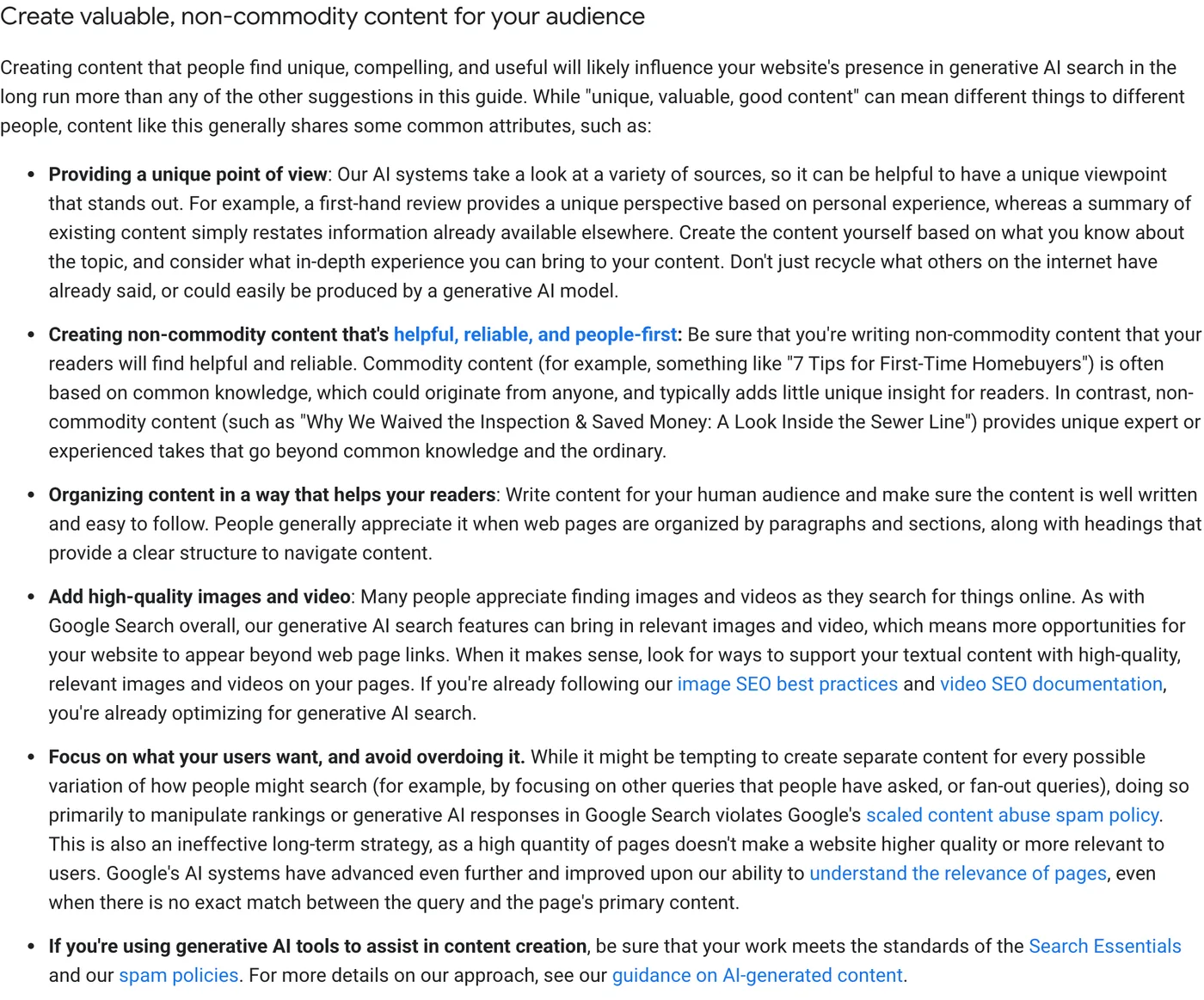 Google Search Central guidance contrasting commodity content with non-commodity content, using "7 Tips for First-Time Homebuyers" versus a first-hand sewer line repair account as examples.