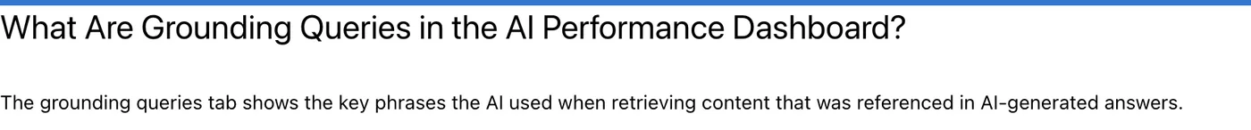 Bing Webmaster Tools Help page explaining grounding queries in the AI Performance report.