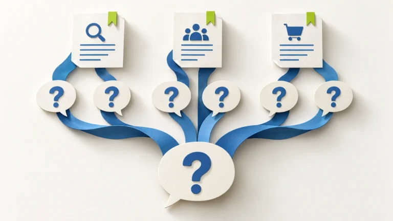 Branching blue ribbons connect buyer questions to grouped research and decision pages.
