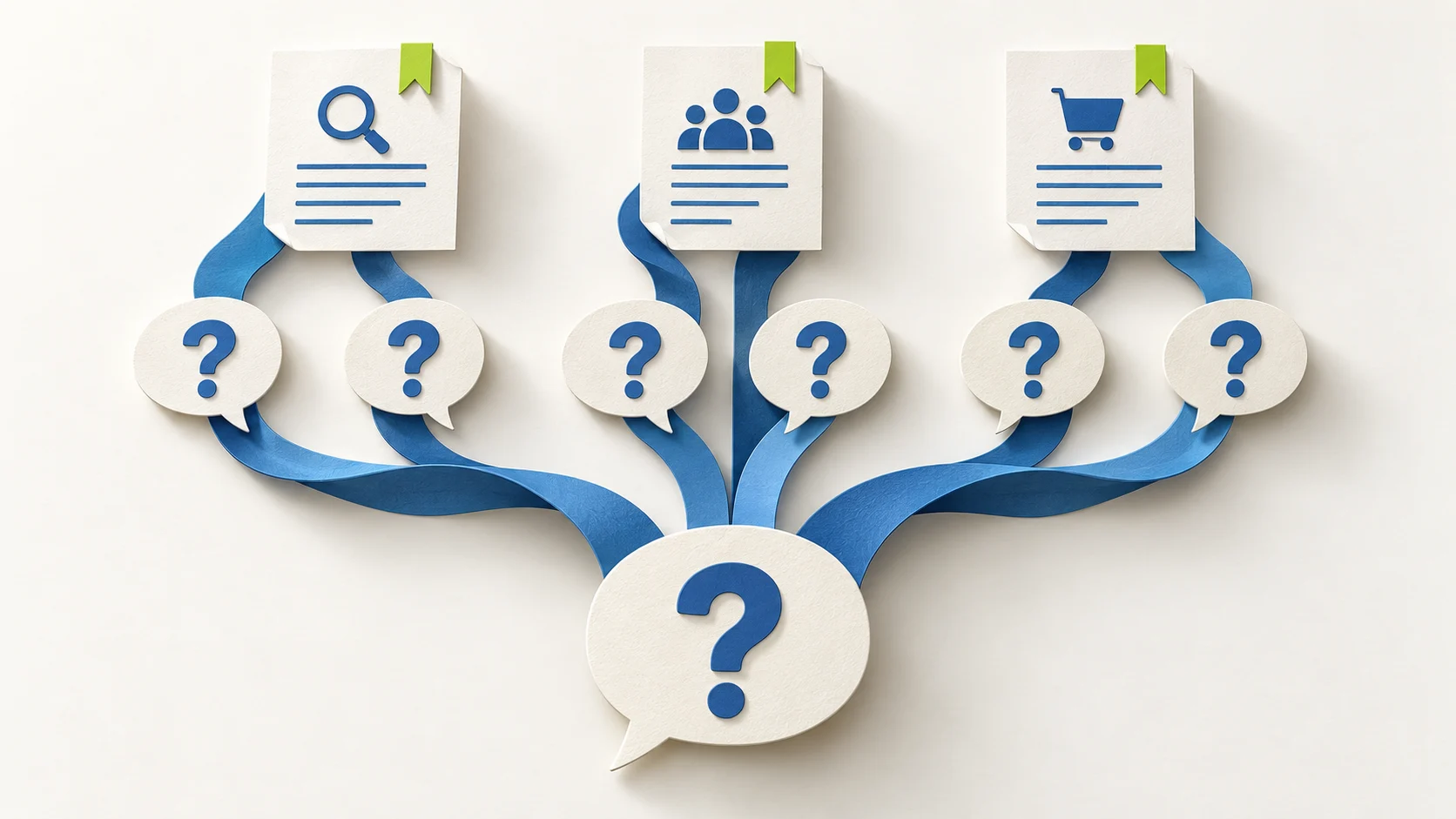 Branching blue ribbons connect buyer questions to grouped research and decision pages.