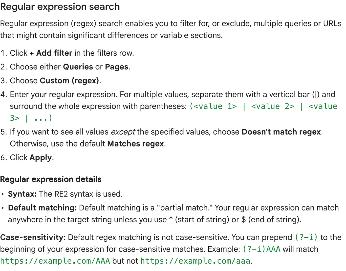 Search Console Help instructions for filtering Performance report queries with a custom regular expression, noting RE2 syntax and case-insensitive partial matching.