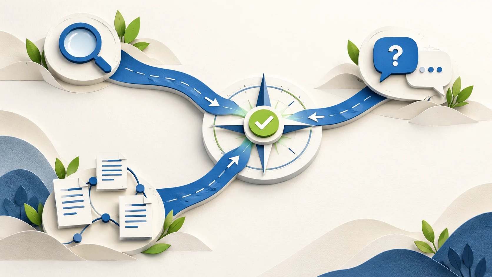 Blue search, question, and source-document paths converge on a central compass and answer checkmark.