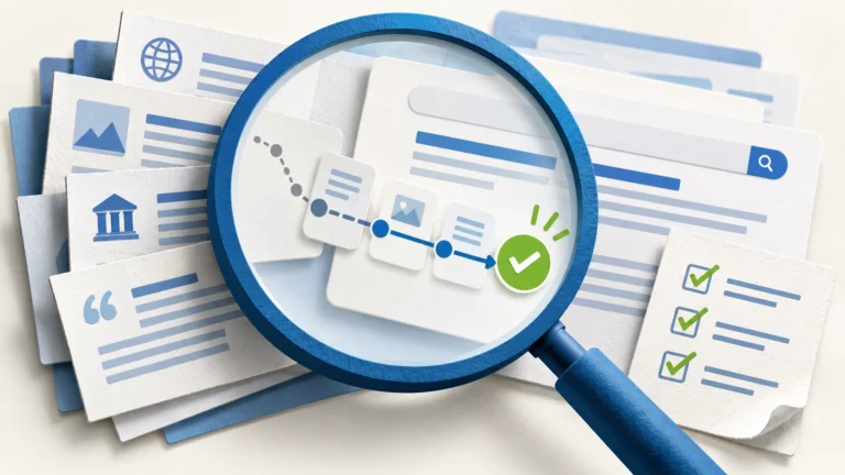 A blue magnifying glass traces source documents to a verified answer beside an audit checklist.
