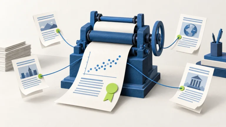 A blue printing press distributes original research through traceable publication connections.