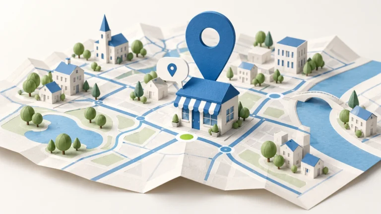 A blue location pin identifies a local storefront on a folded neighborhood map.