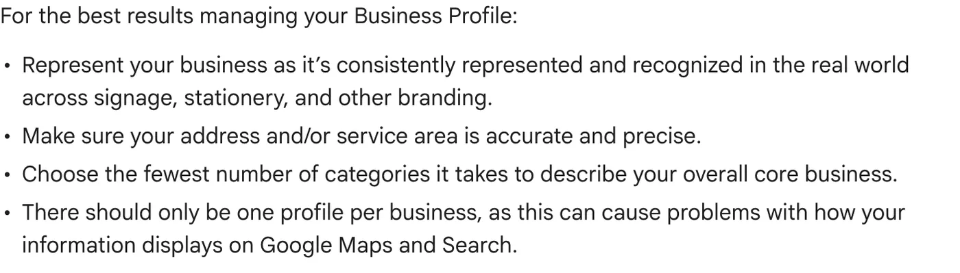 Google Business Profile guidelines bullet requiring a business to represent itself as it is consistently represented in the real world on signage, stationery, and other branding.