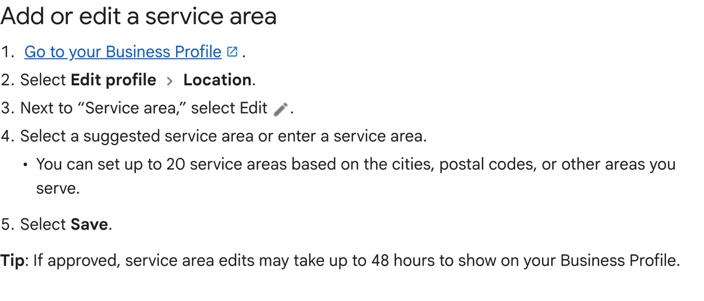 Google Business Profile Help steps for adding or editing a service area, noting a limit of 20 service areas and that approved edits can take up to 48 hours to appear.