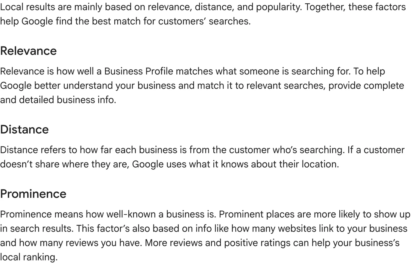 Google Business Profile Help page explaining that local results are based mainly on relevance, distance, and prominence.
