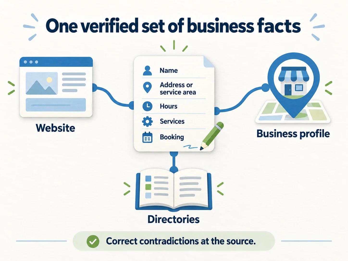 A single verified business-facts register connects the website, business profile, and directories.