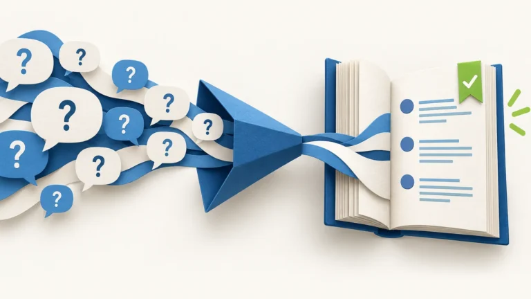 Customer question bubbles flow through a paper funnel into an organized answer book.