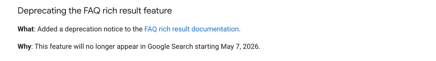Google Search documentation changelog entry deprecating the FAQ rich result feature.