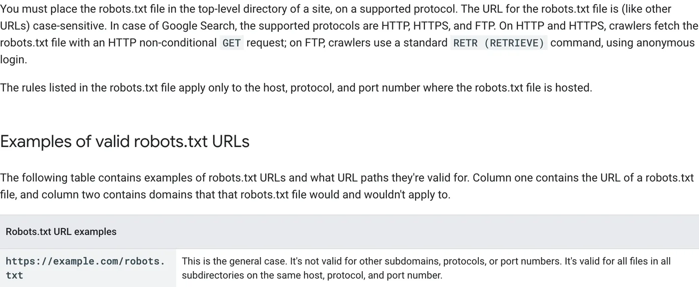 Google robots.txt documentation stating that the rules apply only to the host, protocol, and port number where the file is served, and are not valid for other subdomains.