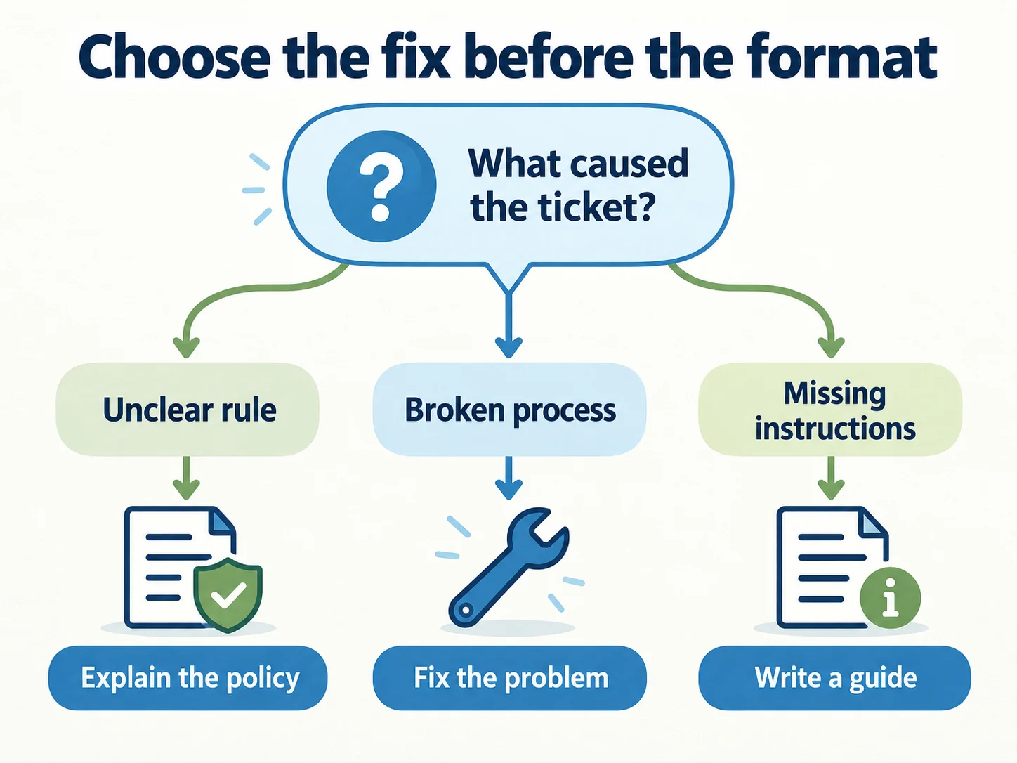 Support triage: explain unclear policies, fix broken processes, and write guides for missing instructions.