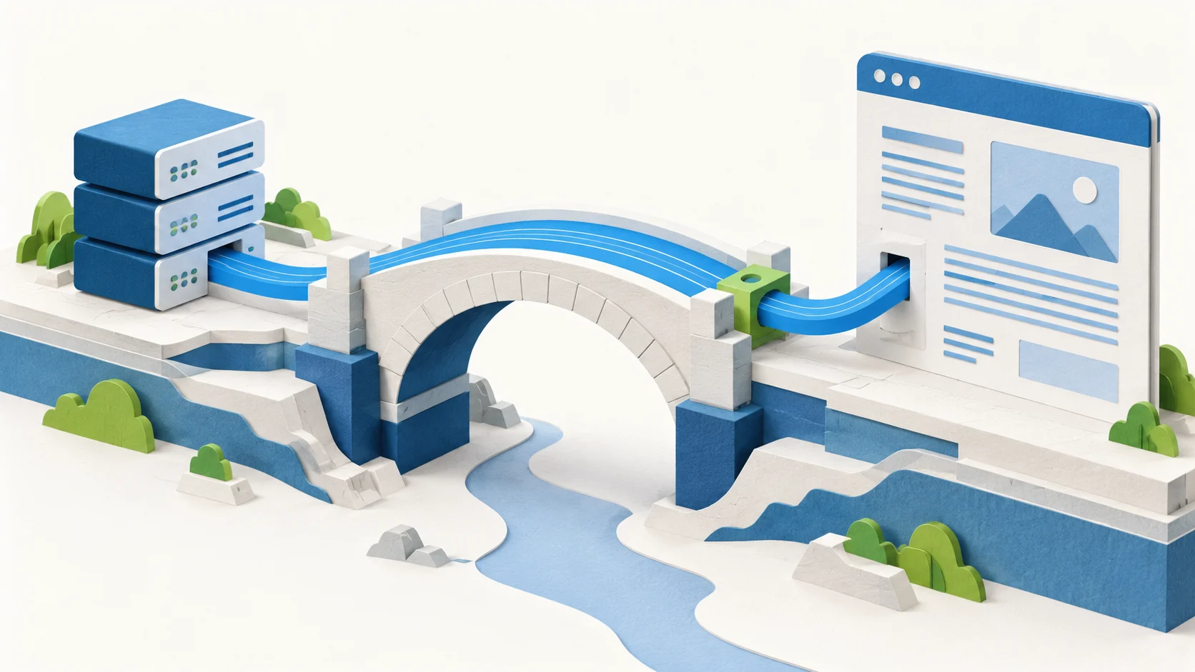 A blue signal crosses a paper bridge from a server stack to an accessible web page.