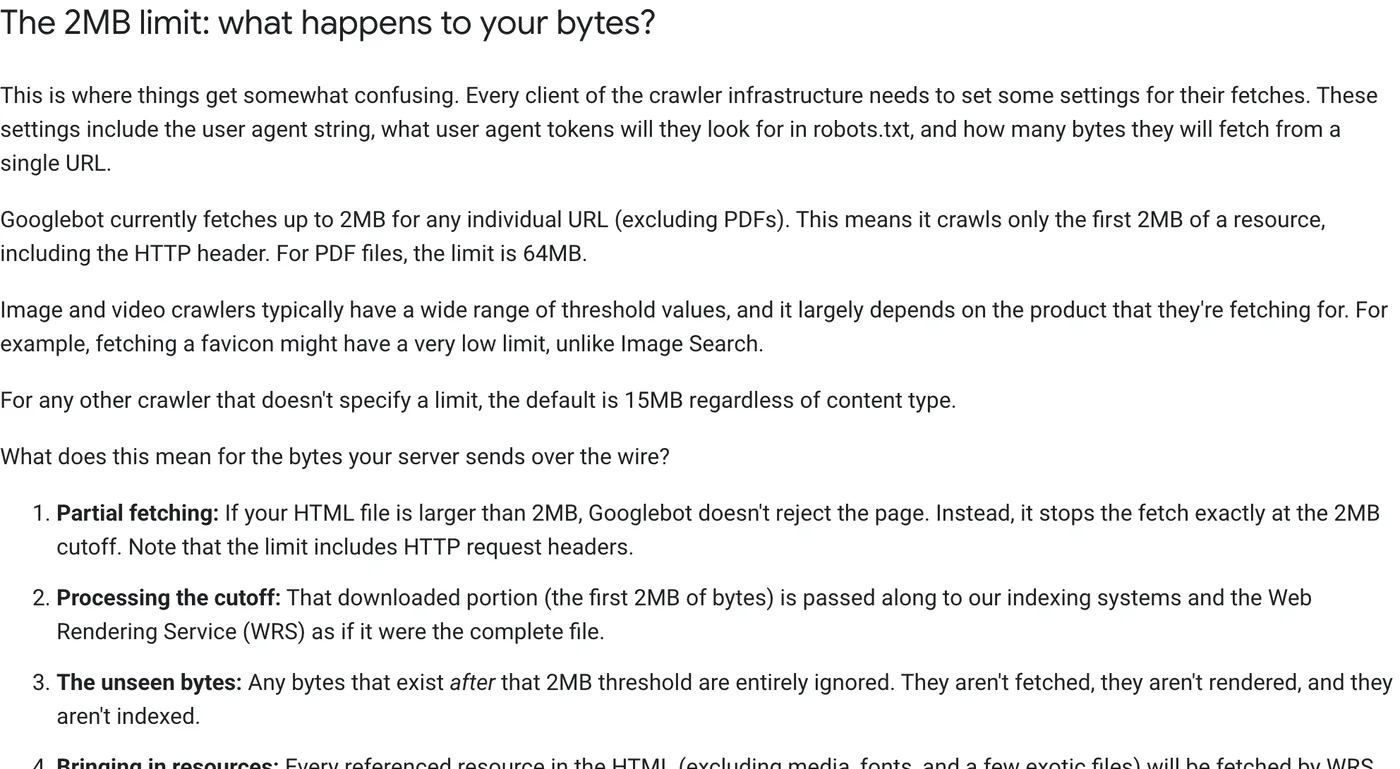 Google Search Central blog section 'The 2MB limit: what happens to your bytes?' explaining that Googlebot fetches only the first 2 MB of an HTML file and ignores bytes after the cutoff.