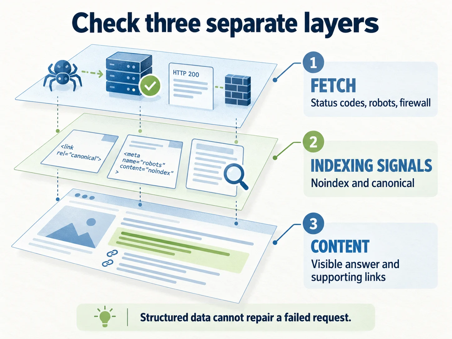 Three technical checks: fetch access, indexing signals, and visible content with supporting links.