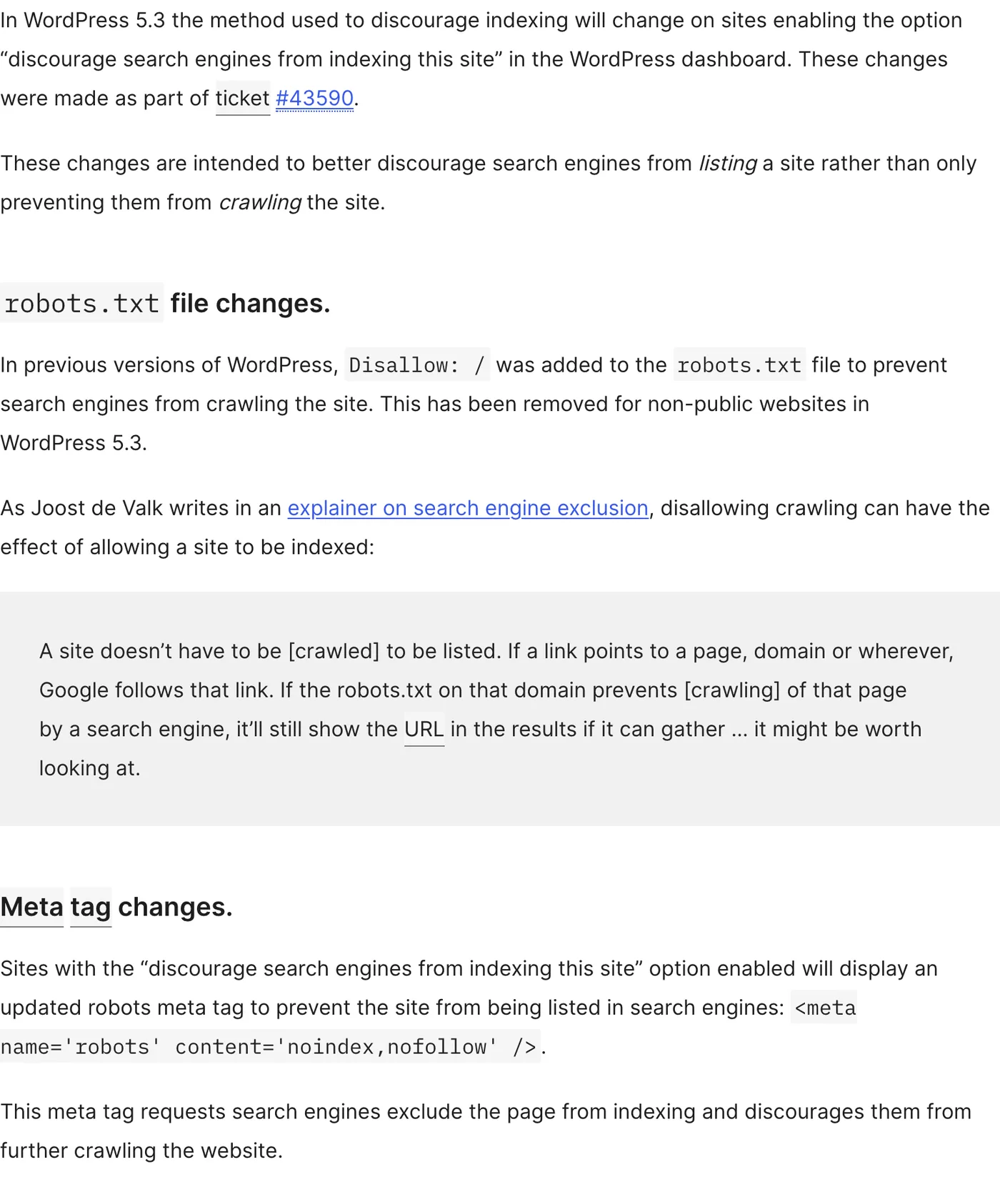 WordPress core announcement explaining that in WordPress 5.3 the 'Discourage search engines' option emits a noindex, nofollow robots meta tag instead of a Disallow rule in robots.txt.